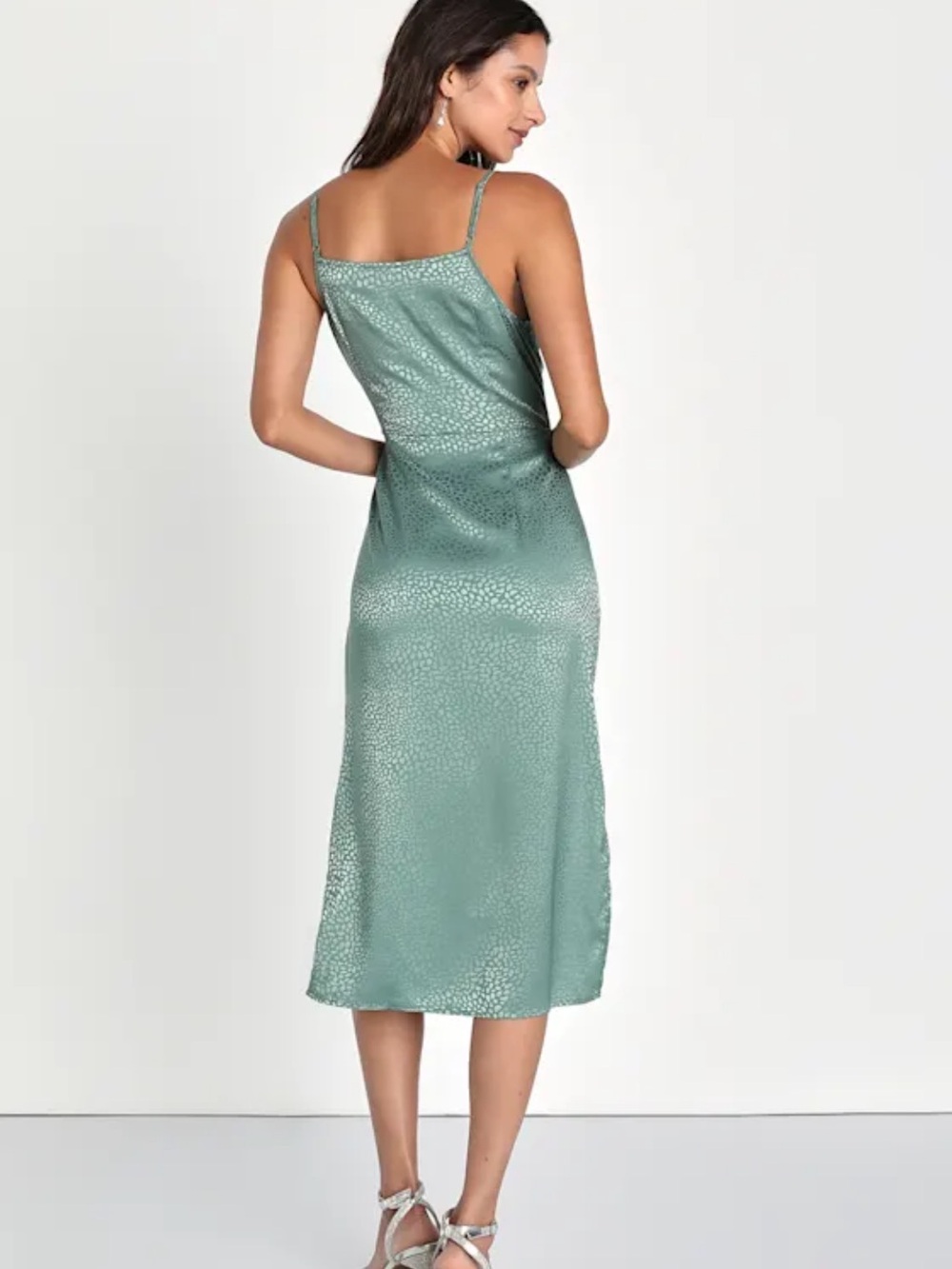 Total Stunner Sage Green Satin Jacquard Cowl Neck Midi Dress size small - Picture 12 of 12
